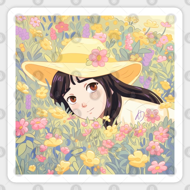 Cute girl surrounded by flowers Sticker by YaraGold